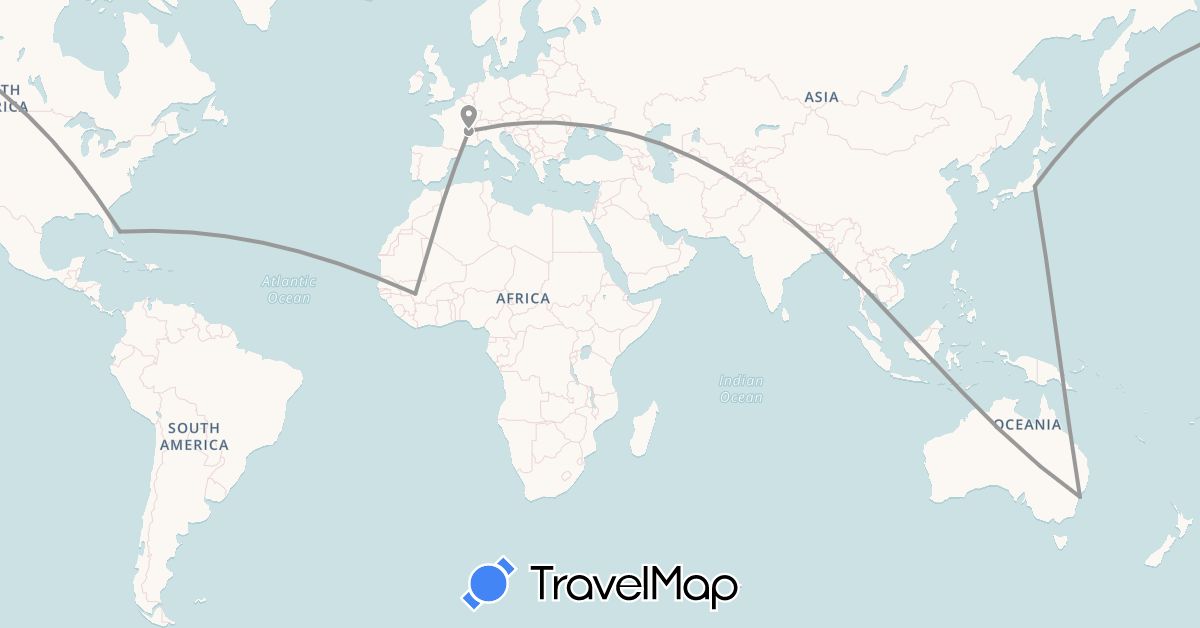 TravelMap itinerary: driving, plane in Australia, Bahamas, France, Japan, Mali (Africa, Asia, Europe, North America, Oceania)